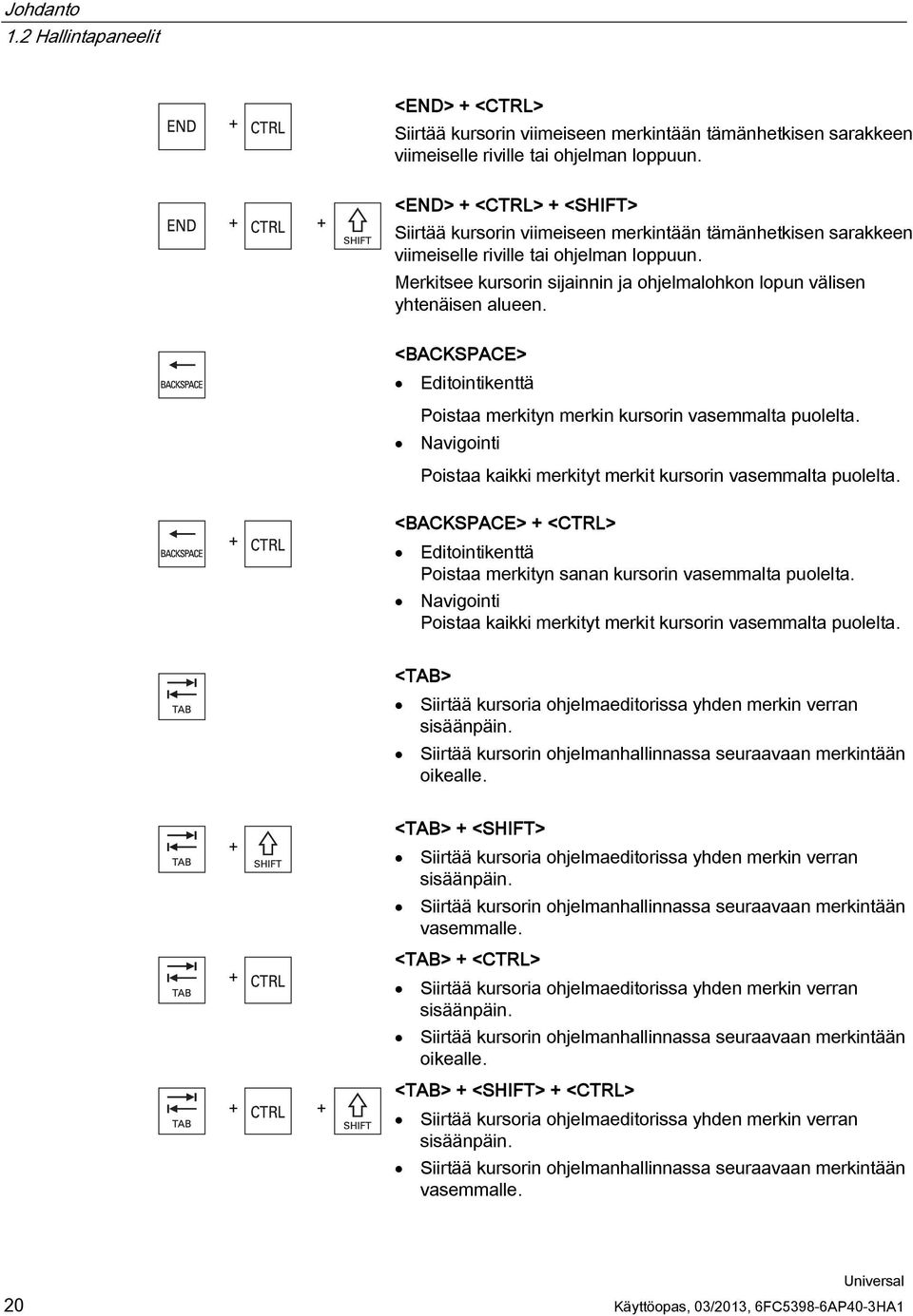 Merkitsee kursorin sijainnin ja ohjelmalohkon lopun välisen yhtenäisen alueen. <BACKSPACE> Editointikenttä Poistaa merkityn merkin kursorin vasemmalta puolelta.