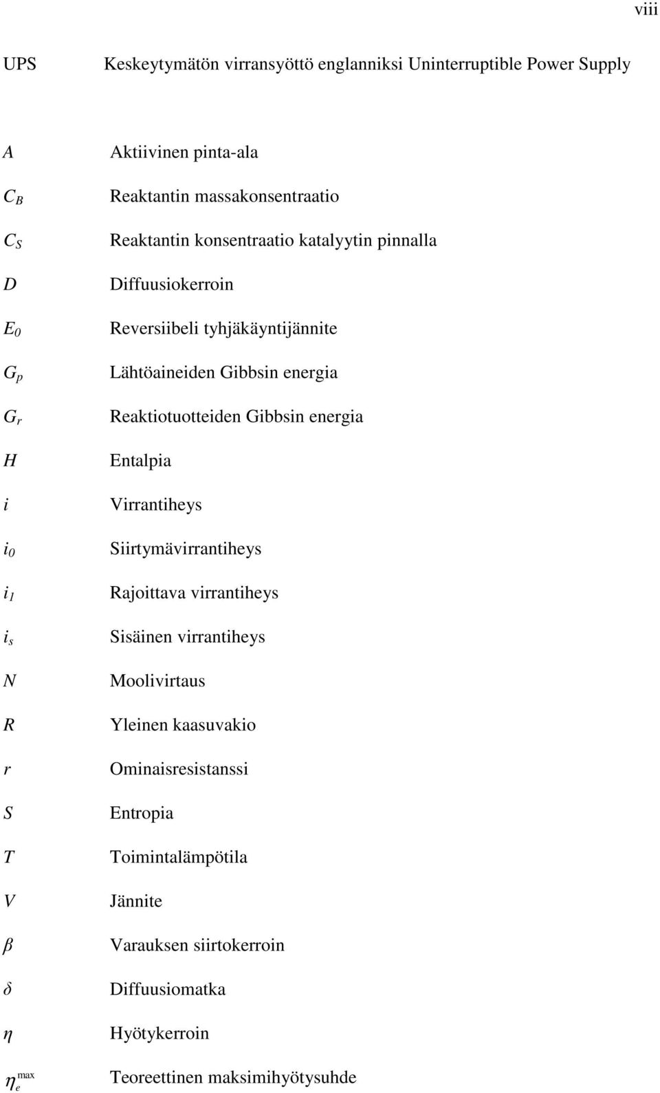 Gibbsin energia Reaktiotuotteiden Gibbsin energia Entalpia Virrantiheys Siirtymävirrantiheys Rajoittava virrantiheys Sisäinen virrantiheys Moolivirtaus