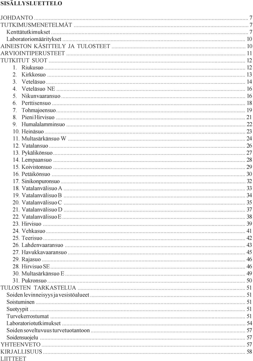 Heinäsuo 23 11 Multasärkänsuo W 24 12 Vatalansuo 26 13 Pykälikönsuo 27 14 Lempaansuo 28 15 Koivistonsuo 29 16 Petäikönsuo 30 17 Sinikonpuronsuo 32 18 Vatalanvälisuo A 33 19 Vatalanvälisuo B 34 20