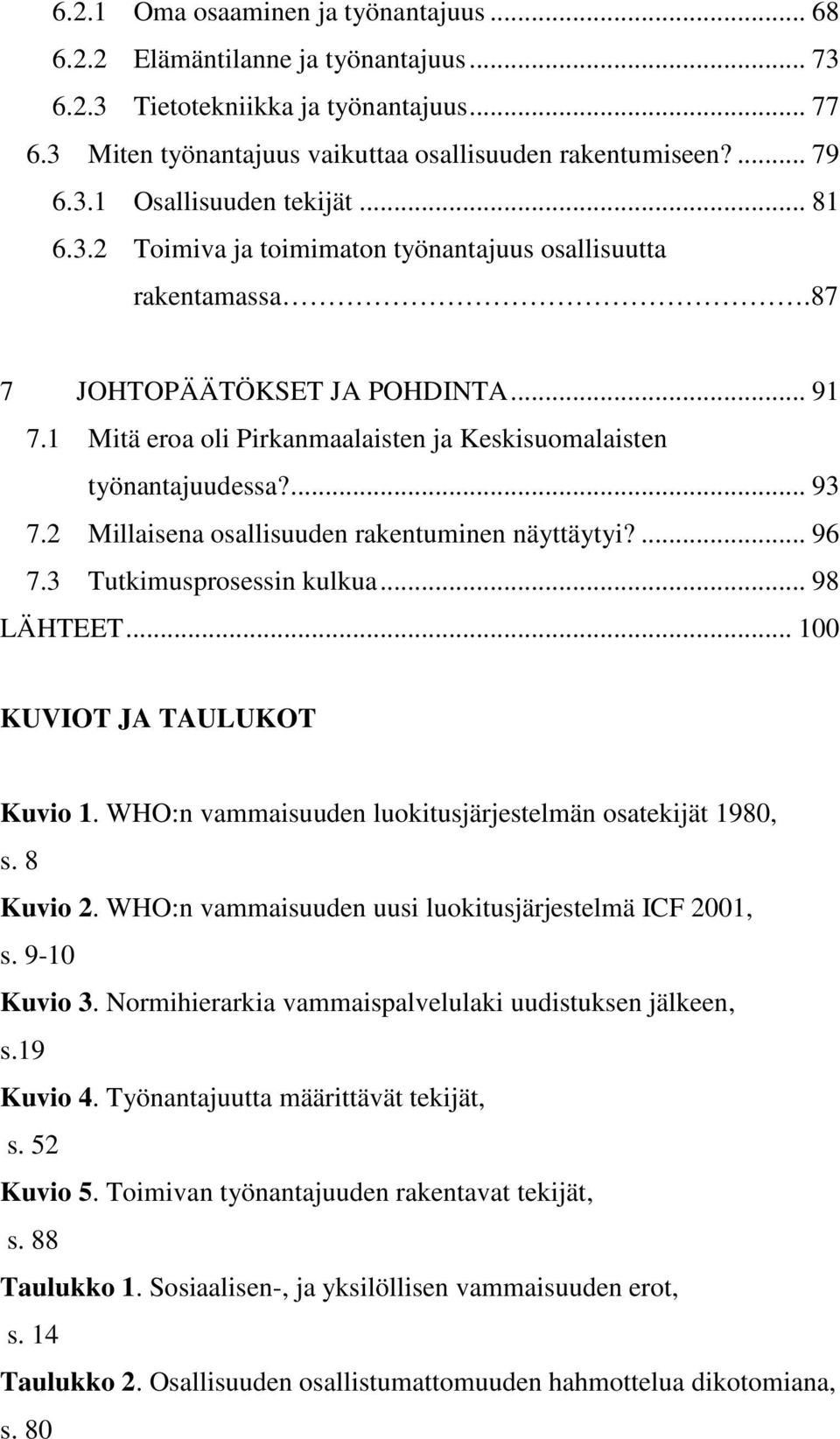 2 Millaisena osallisuuden rakentuminen näyttäytyi?... 96 7.3 Tutkimusprosessin kulkua... 98 LÄHTEET... 100 KUVIOT JA TAULUKOT Kuvio 1. WHO:n vammaisuuden luokitusjärjestelmän osatekijät 1980, s.