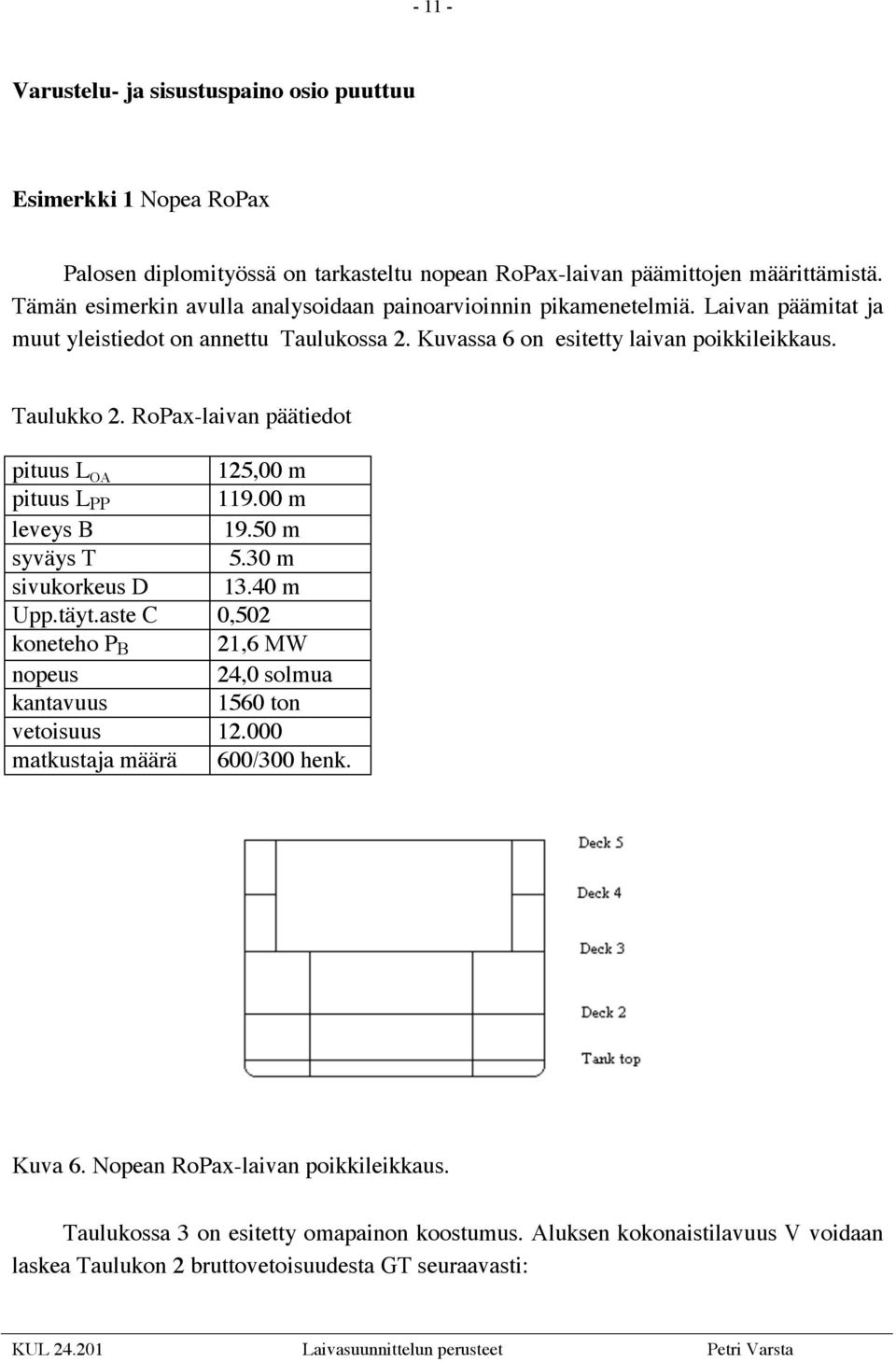 RoPax-laivan päätiedot pituus L OA 125,00 m pituus L PP 119.00 m leveys B 19.50 m syväys T 5.30 m sivukorkeus D 13.40 m Upp.täyt.