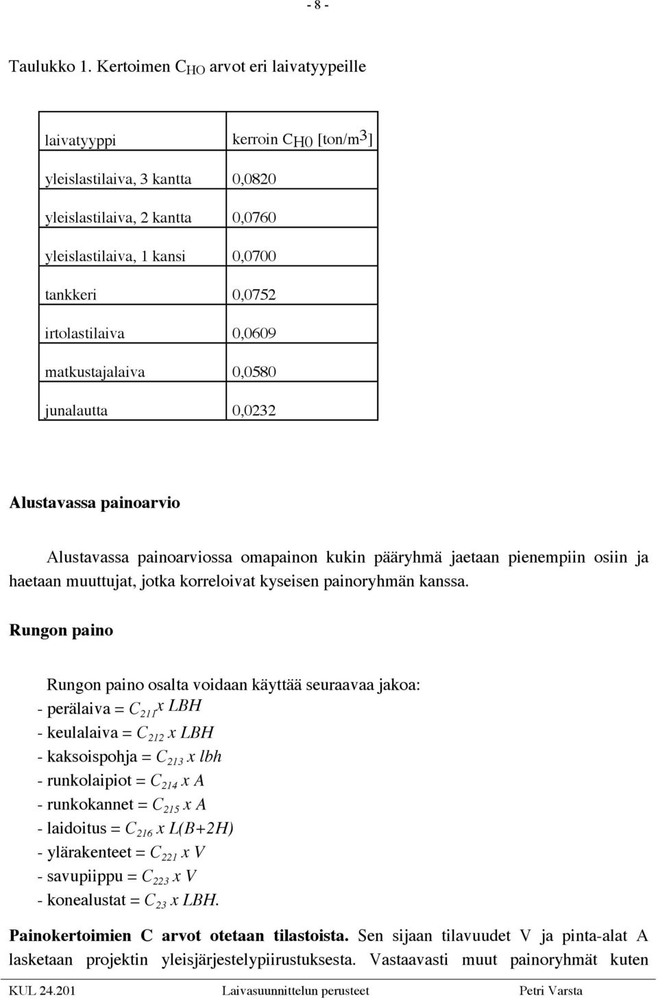 irtolastilaiva 0,0609 matkustajalaiva 0,0580 junalautta 0,0232 Alustavassa painoarvio Alustavassa painoarviossa omapainon kukin pääryhmä jaetaan pienempiin osiin ja haetaan muuttujat, jotka
