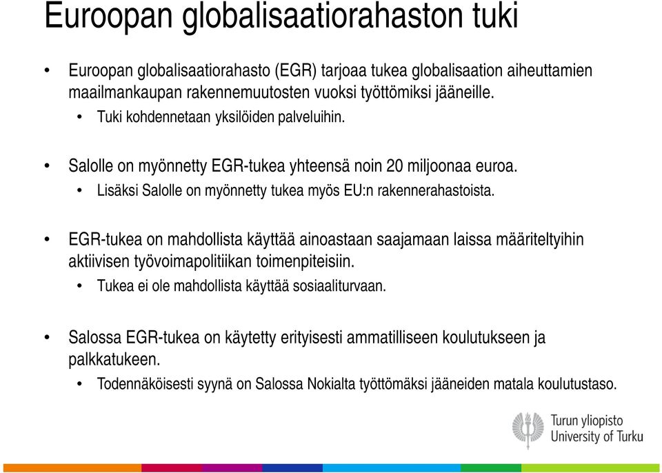 Lisäksi Salolle on myönnetty tukea myös EU:n rakennerahastoista.