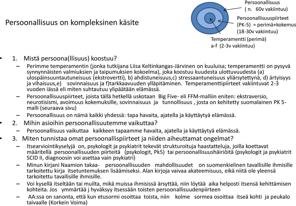 Perimme temperamentin (jonka tutkijana Liisa Keltinkangas-Järvinen on kuuluisa; temperamentti on pysyvä synnynnäisten valmiuksien ja taipumuksien kokoelma), joka koostuu kuudesta ulottuvuudesta (a)