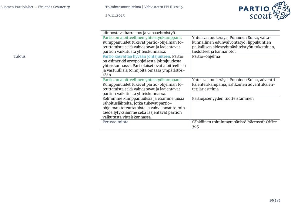 Solmimme kumppanuuksia ja etsimme uusia rahoituslähteitä, jotka tukevat partioohjelman toteuttamista ja vahvistavat toimintaedellytyksiämme sekä laajentavat partion vaikutusta yhteiskunnassa.