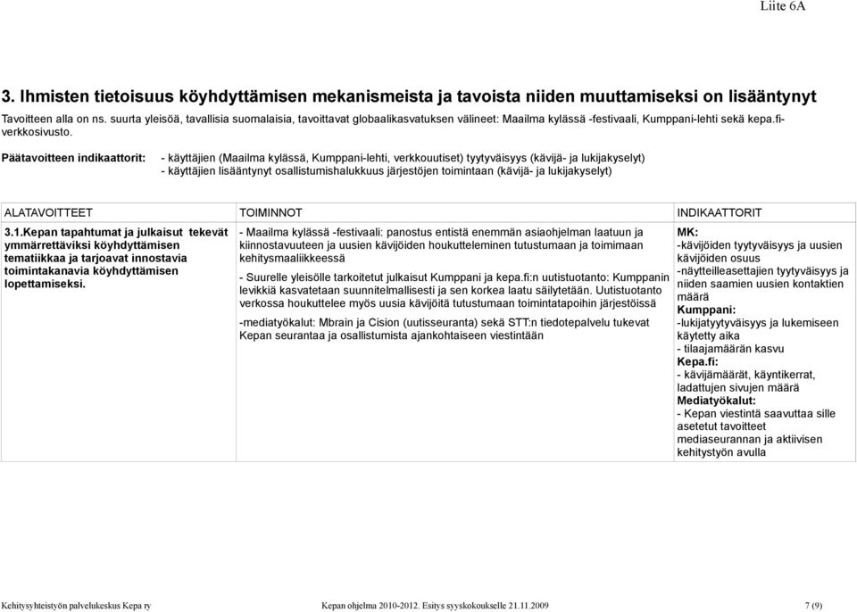 - käyttäjien (Maailma kylässä, Kumppani-lehti, verkkouutiset) tyytyväisyys (kävijä- ja lukijakyselyt) - käyttäjien lisääntynyt osallistumishalukkuus järjestöjen toimintaan (kävijä- ja lukijakyselyt)