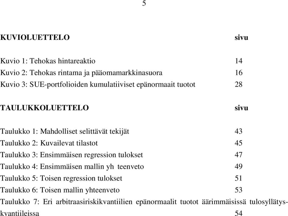 45 Taulukko 3: Ensimmäisen regression tulokset 47 Taulukko 4: Ensimmäisen mallin yh teenveto 49 Taulukko 5: Toisen regression tulokset 51