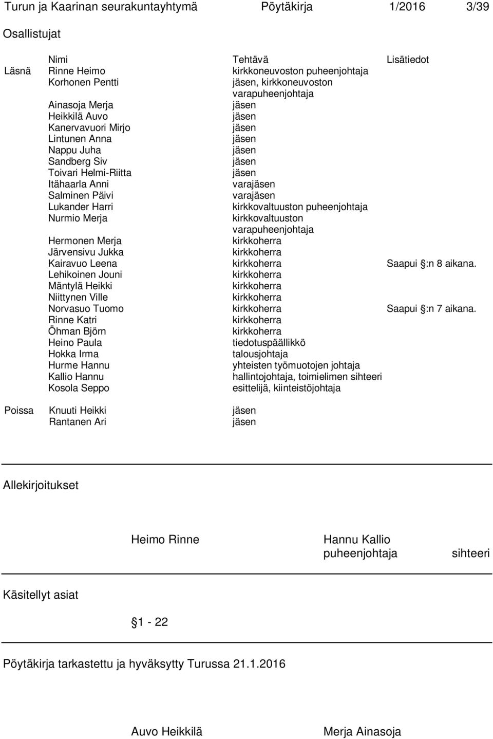 Lukander Harri kirkkovaltuuston puheenjohtaja Nurmio Merja kirkkovaltuuston varapuheenjohtaja Hermonen Merja kirkkoherra Järvensivu Jukka kirkkoherra Kairavuo Leena kirkkoherra Saapui :n 8 aikana.