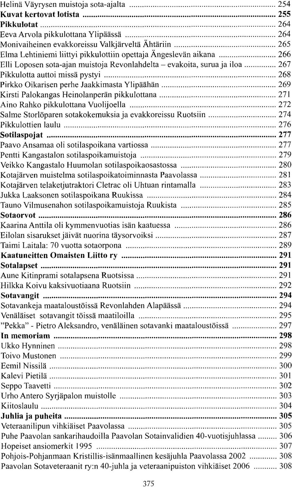 269 Kirsti Palokangas Heinolanperän pikkulottana 271 Aino Rahko pikkulottana Vuolijoella 272 Salme Storlöparen sotakokemuksia ja evakkoreissu Ruotsiin 274 Pikkulottien laulu 276 Sotilaspojat 277