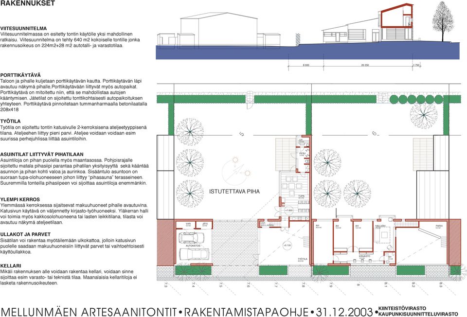 Porttikäytävän läpi avautuu näkymä pihalle,porttikäytävään liittyvät myös autopaikat. Porttikäytävä on mitoitettu niin, että se mahdollistaa autojen kääntymisen.