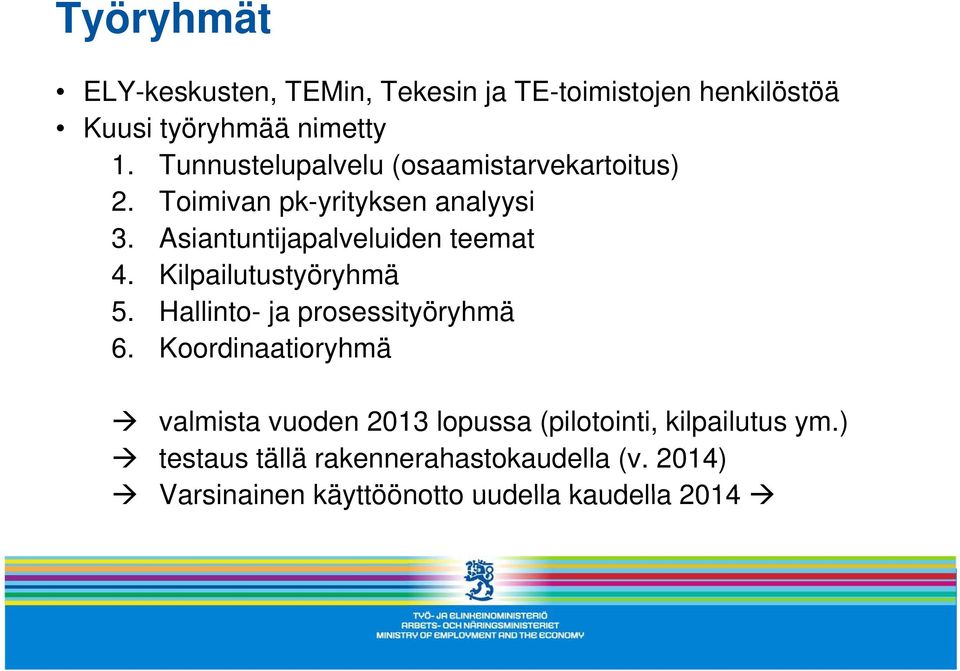 Asiantuntijapalveluiden teemat 4. Kilpailutustyöryhmä 5. Hallinto- ja prosessityöryhmä 6.