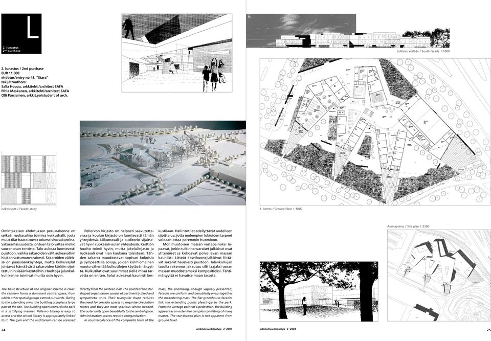 Julkisivuote / Facade study Omintakeisen ehdotuksen perusrakenne on selkeä: ruokasalina toimiva keskushalli, josta muut tilat haarautuvat solumaisina sakaroina.