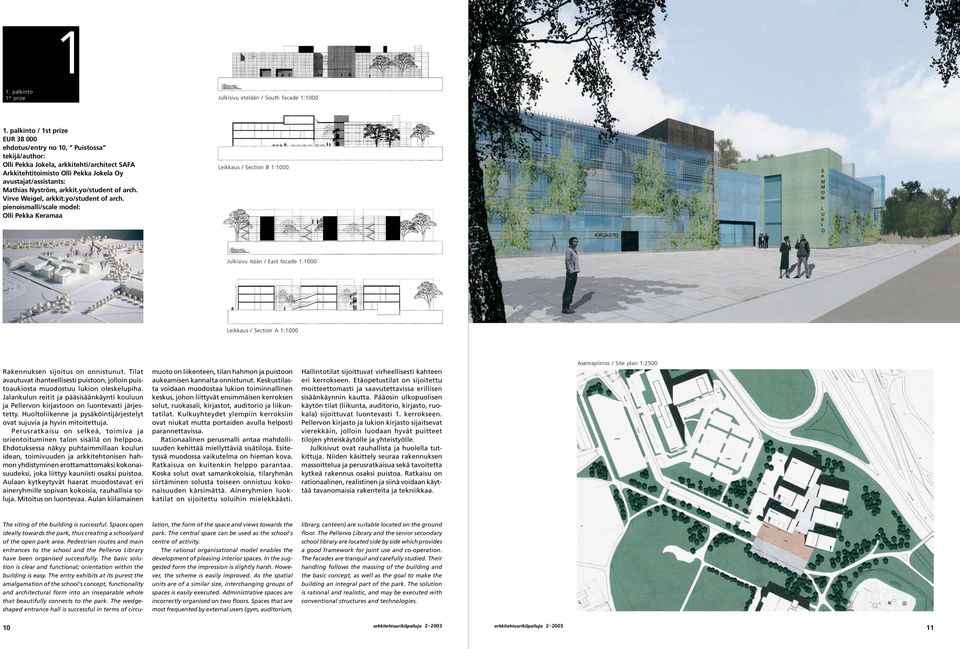 Virve Weigel, arkkit.yo/student of arch. Olli Pekka Keramaa Leikkaus / Section B 1:1000 Julkisivu itään / East facade 1:1000 Leikkaus / Section A 1:1000 Rakennuksen sijoitus on onnistunut.