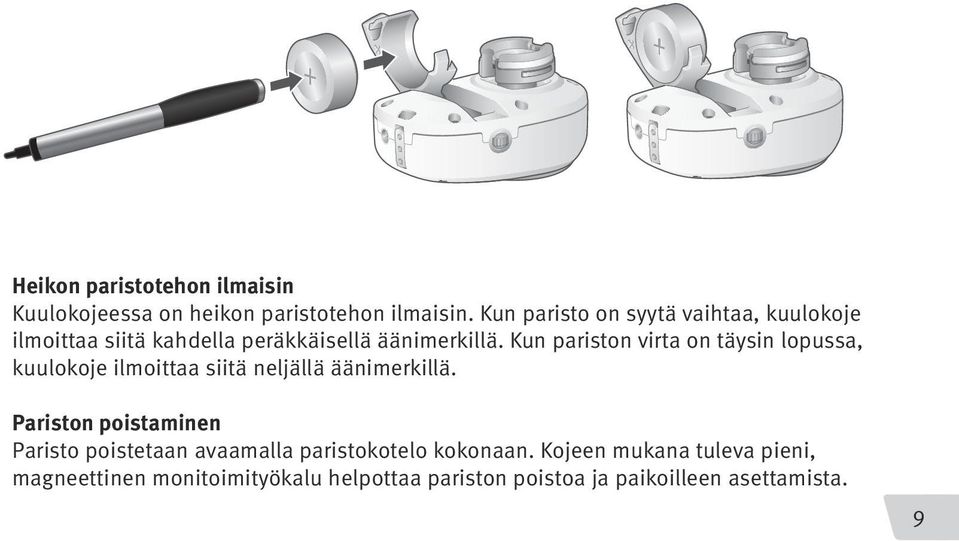 Kun pariston virta on täysin lopussa, kuulokoje ilmoittaa siitä neljällä äänimerkillä.