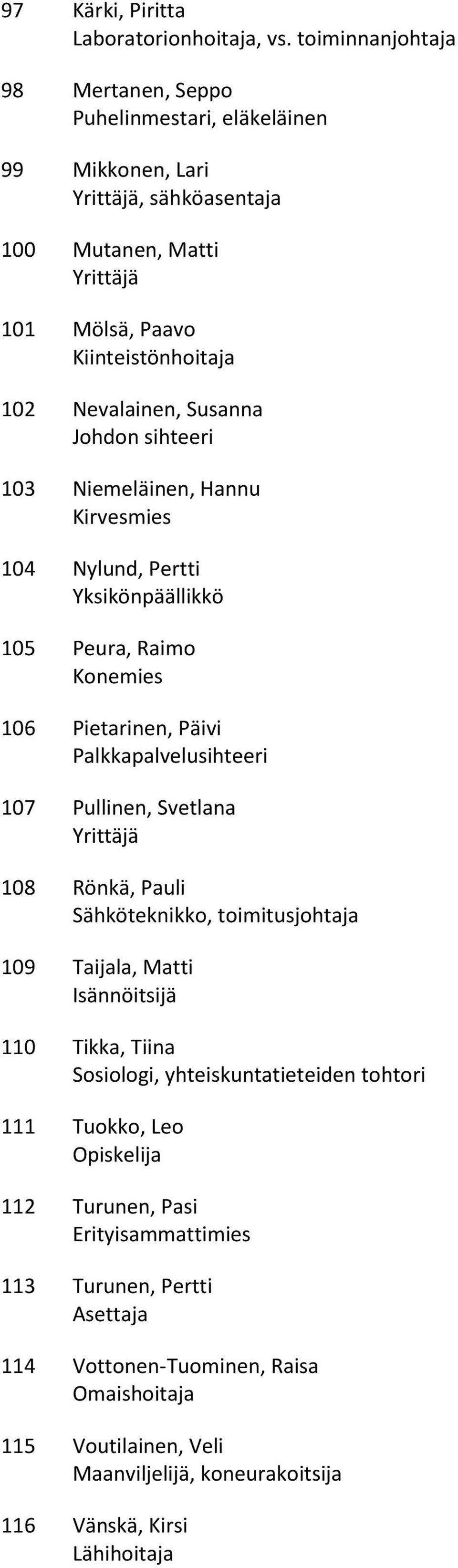 Hannu Kirvesmies Nylund, Pertti Yksikönpäällikkö Peura, Raimo Konemies Pietarinen, Päivi Palkkapalvelusihteeri Pullinen, Svetlana Rönkä, Pauli Sähköteknikko, toimitusjohtaja Taijala,