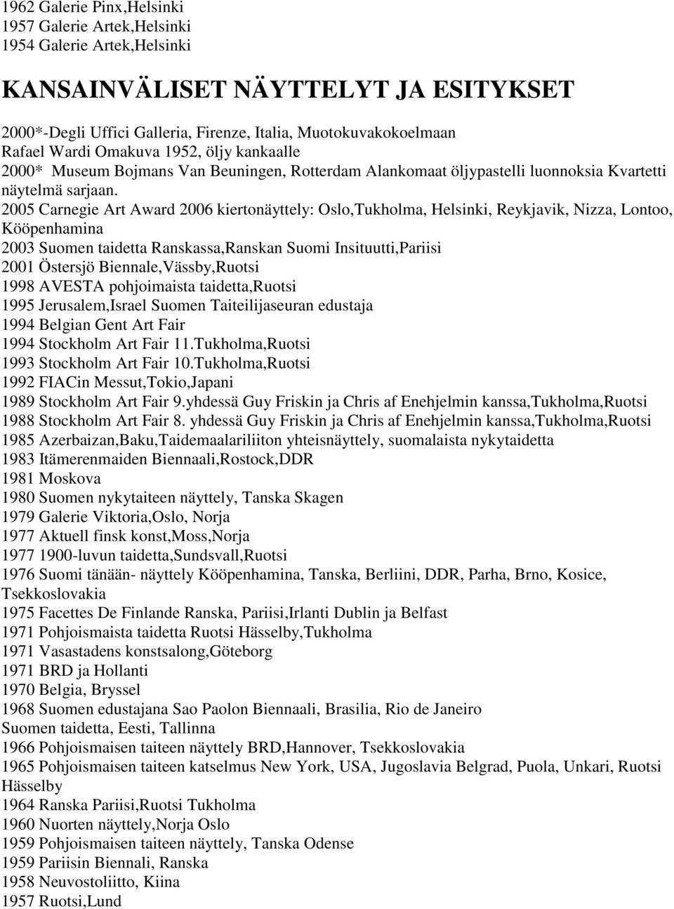 2005 Carnegie Art Award 2006 kiertonäyttely: Oslo,Tukholma, Helsinki, Reykjavik, Nizza, Lontoo, Kööpenhamina 2003 Suomen taidetta Ranskassa,Ranskan Suomi Insituutti,Pariisi 2001 Östersjö