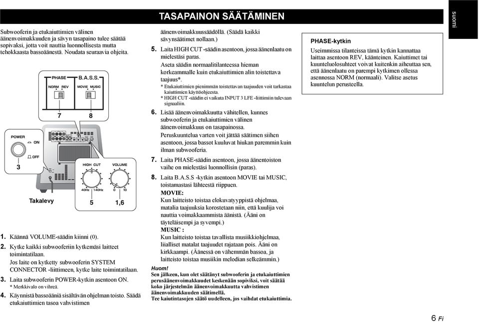 Aseta säädin normaalitilanteessa hieman korkeammalle kuin etukaiuttimien alin toistettava taajuus*. * Etukaiuttimien pienimmän toistettavan taajuuden voit tarkastaa kaiuttimien käyttöohjeesta.