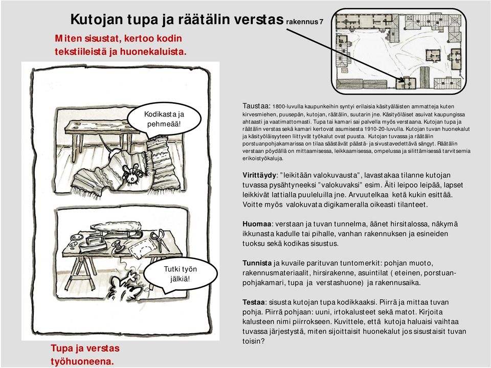 Käsityöläiset asuivat kaupungissa ahtaasti ja vaatimattomasti. Tupa tai kamari sai palvella myös verstaana. Kutojan tupa ja räätälin verstas sekä kamari kertovat asumisesta 1910-20-luvulla.