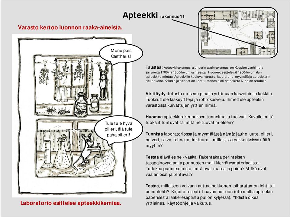 Kalusto ja esineet on koottu monesta eri apteekista Kuopion seudulla. Virittäydy: tutustu museon pihalla yrttimaan kasveihin ja kukkiin. Tuoksuttele lääkeyrttejä ja rohtokasveja.