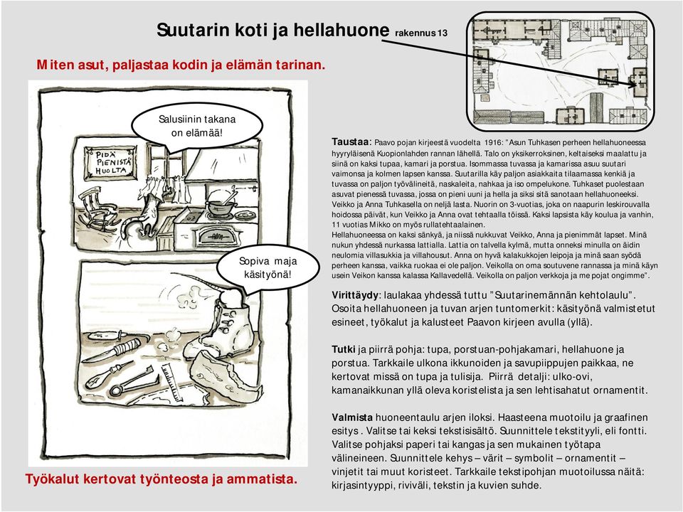 Talo on yksikerroksinen, keltaiseksi maalattu ja siinä on kaksi tupaa, kamari ja porstua. Isommassa tuvassa ja kamarissa asuu suutari vaimonsa ja kolmen lapsen kanssa.