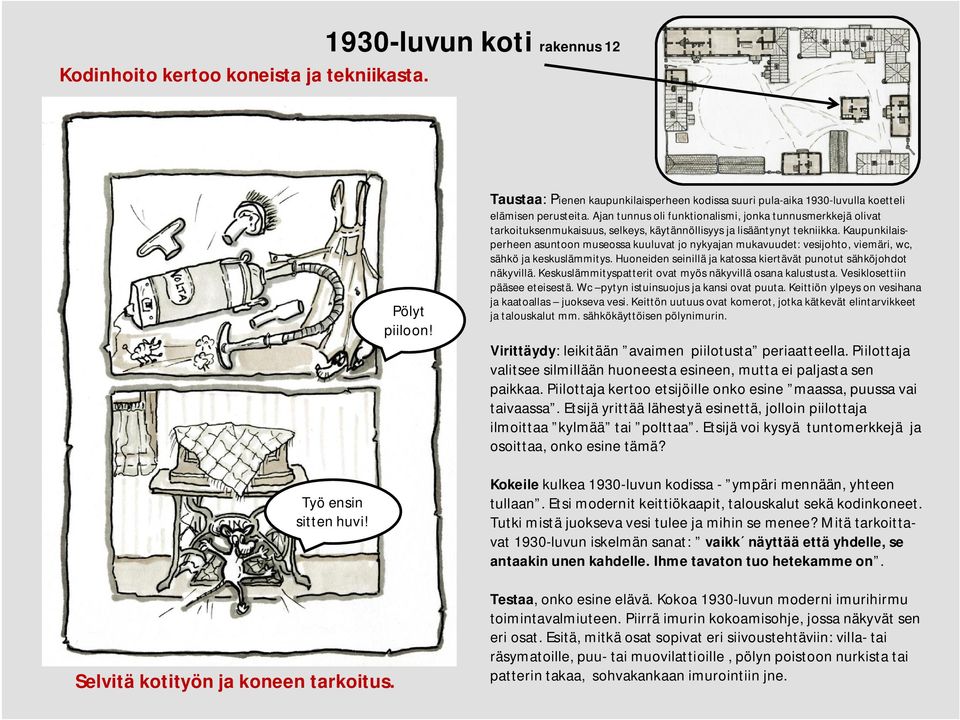 Kaupunkilaisperheen asuntoon museossa kuuluvat jo nykyajan mukavuudet: vesijohto, viemäri, wc, sähkö ja keskuslämmitys. Huoneiden seinillä ja katossa kiertävät punotut sähköjohdot näkyvillä.