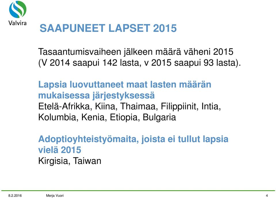 Lapsia luovuttaneet maat lasten määrän mukaisessa järjestyksessä Etelä-Afrikka, Kiina,