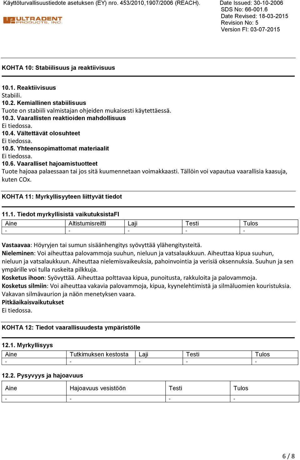 Yhteensopimattomat materiaalit 10.6. Vaaralliset hajoamistuotteet Tuote hajoaa palaessaan tai jos sitä kuumennetaan voimakkaasti. Tällöin voi vapautua vaarallisia kaasuja, kuten COx.