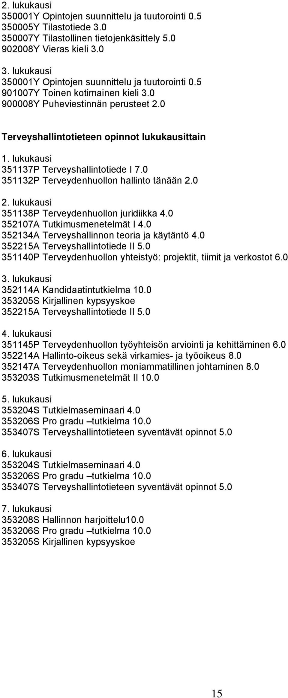 lukukausi 351138P Terveydenhuollon juridiikka 4.0 352107A Tutkimusmenetelmät I 4.0 352134A Terveyshallinnon teoria ja käytäntö 4.0 352215A Terveyshallintotiede II 5.