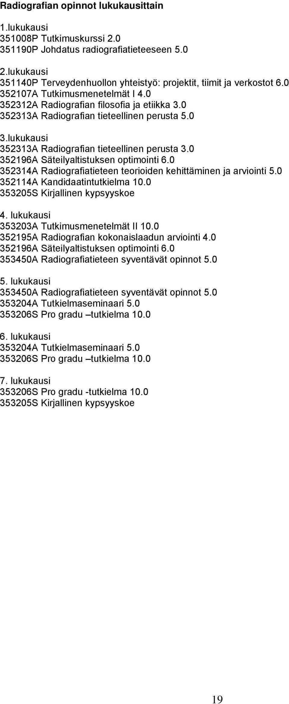 0 352196A Säteilyaltistuksen optimointi 6.0 352314A Radiografiatieteen teorioiden kehittäminen ja arviointi 5.0 352114A Kandidaatintutkielma 10.0 353205S Kirjallinen kypsyyskoe 4.