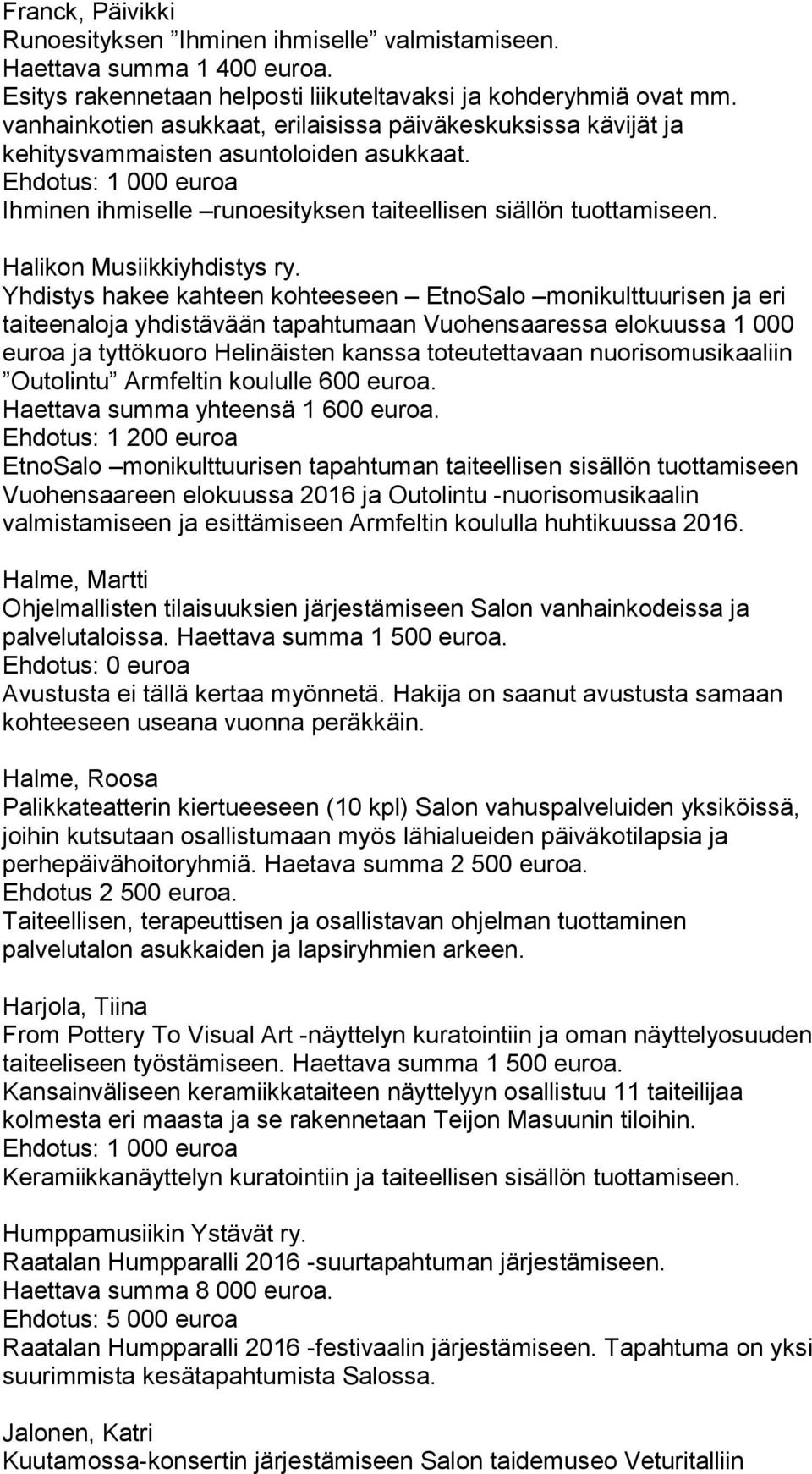 Yhdistys hakee kahteen kohteeseen EtnoSalo monikulttuurisen ja eri taiteenaloja yhdistävään tapahtumaan Vuohensaaressa elokuussa 1 000 euroa ja tyttökuoro Helinäisten kanssa toteutettavaan