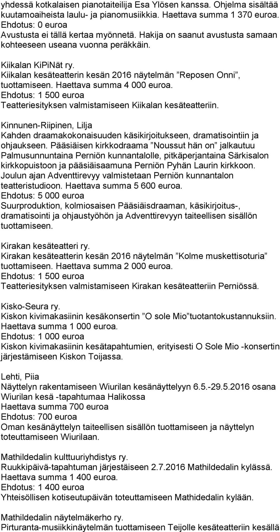 Ehdotus: 1 500 euroa Teatteriesityksen valmistamiseen Kiikalan kesäteatteriin. Kinnunen-Riipinen, Lilja Kahden draamakokonaisuuden käsikirjoitukseen, dramatisointiin ja ohjaukseen.