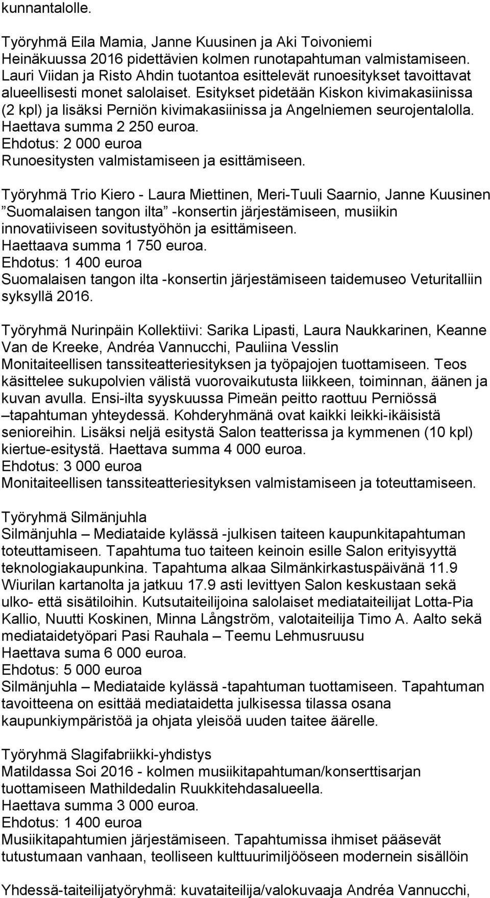 Esitykset pidetään Kiskon kivimakasiinissa (2 kpl) ja lisäksi Perniön kivimakasiinissa ja Angelniemen seurojentalolla. Haettava summa 2 250 euroa. Runoesitysten valmistamiseen ja esittämiseen.