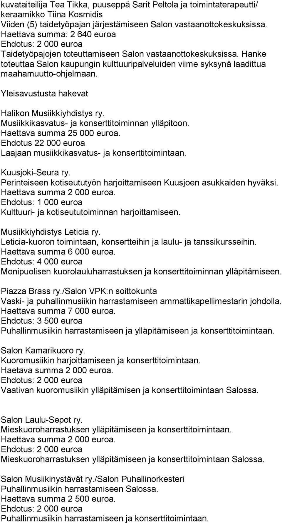 Yleisavustusta hakevat Halikon Musiikkiyhdistys ry. Musiikkikasvatus- ja konserttitoiminnan ylläpitoon. Haettava summa 25 000 euroa.