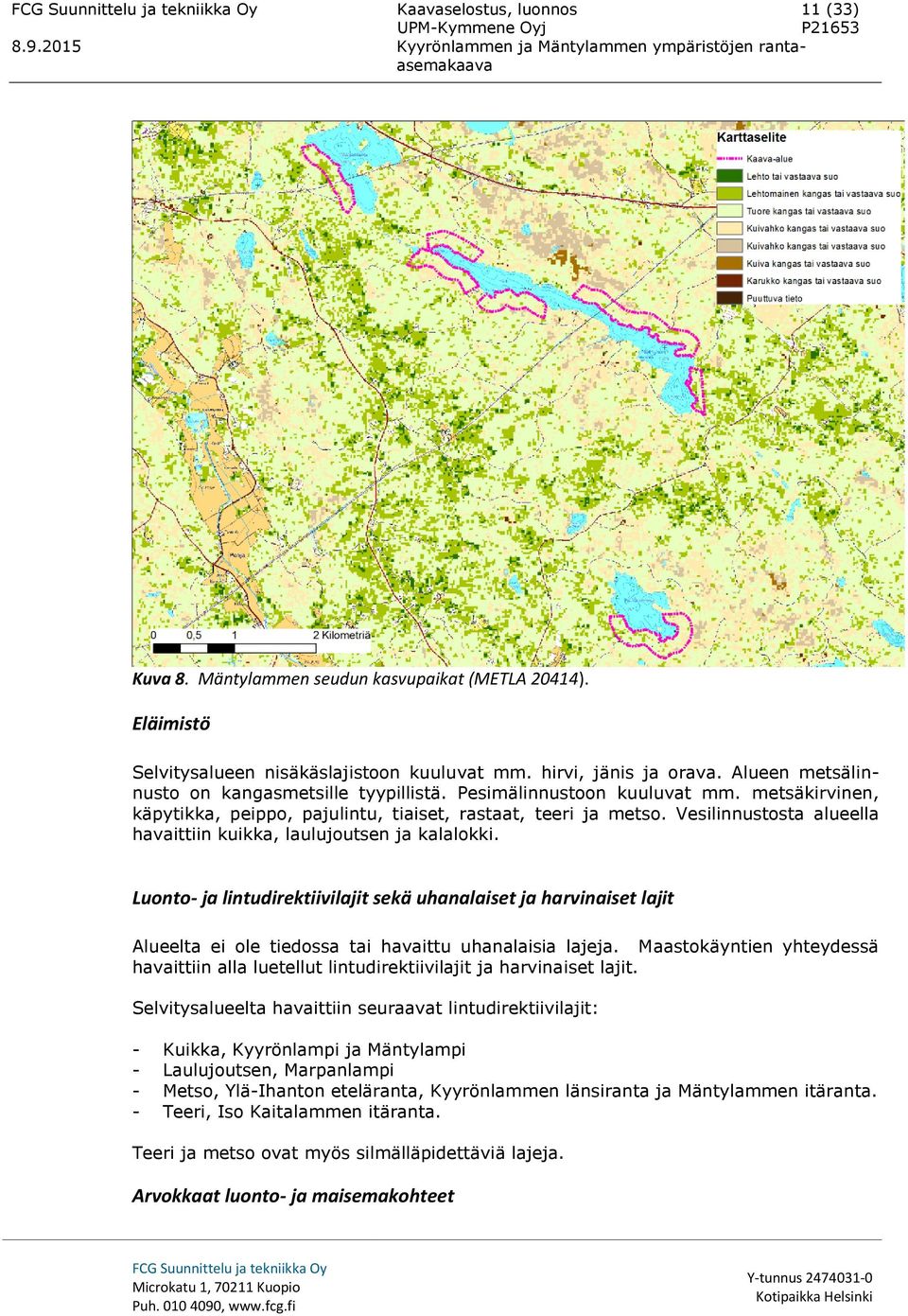 Vesilinnustosta alueella havaittiin kuikka, laulujoutsen ja kalalokki. Luonto- ja lintudirektiivilajit sekä uhanalaiset ja harvinaiset lajit Alueelta ei ole tiedossa tai havaittu uhanalaisia lajeja.