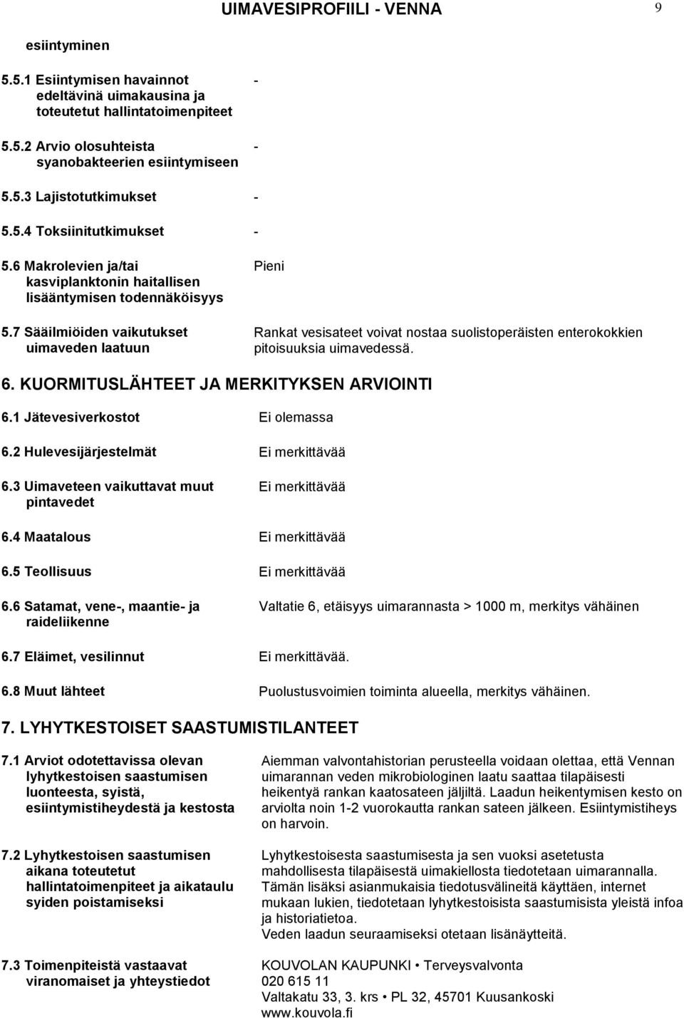 7 Sääilmiöiden vaikutukset uimaveden laatuun Pieni Rankat vesisateet voivat nostaa suolistoperäisten enterokokkien pitoisuuksia uimavedessä. 6. KUORMITUSLÄHTEET JA MERKITYKSEN ARVIOINTI 6.