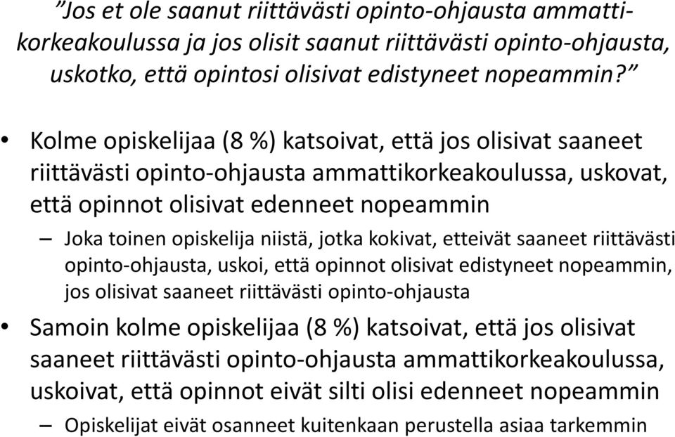 jotka kokivat, etteivät saaneet riittävästi opinto-ohjausta, uskoi, että opinnot olisivat edistyneet nopeammin, jos olisivat saaneet riittävästi opinto-ohjausta Samoin kolme opiskelijaa (8 %)