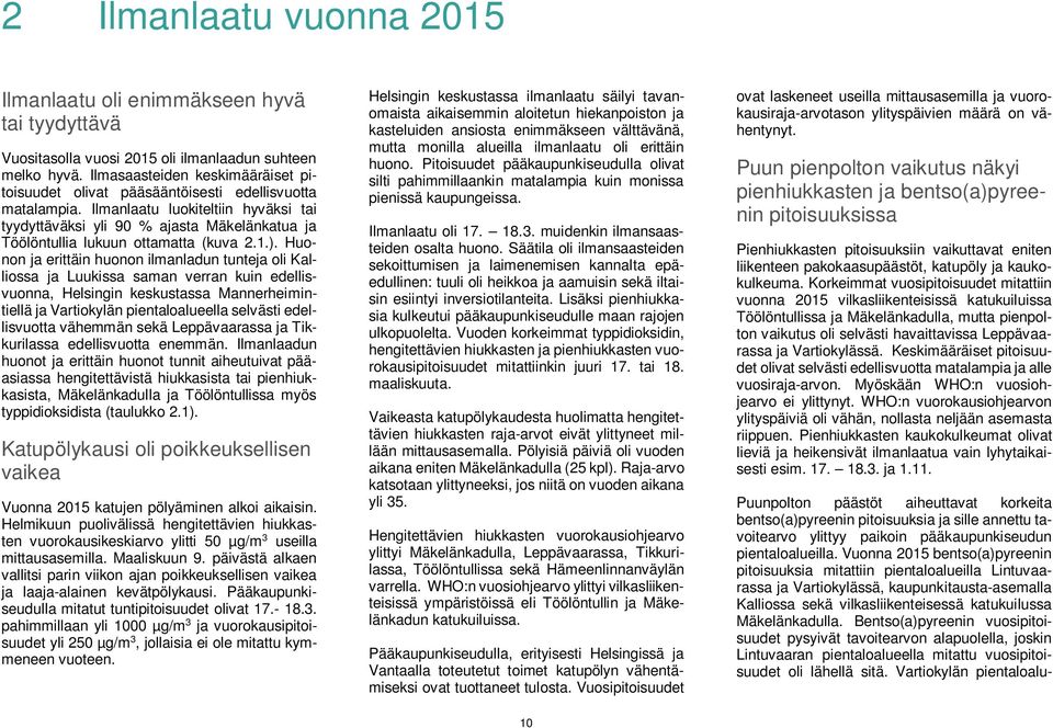 Ilmanlaatu luokiteltiin hyväksi tai tyydyttäväksi yli 90 % ajasta Mäkelänkatua ja Töölöntullia lukuun ottamatta (kuva 2.1.).