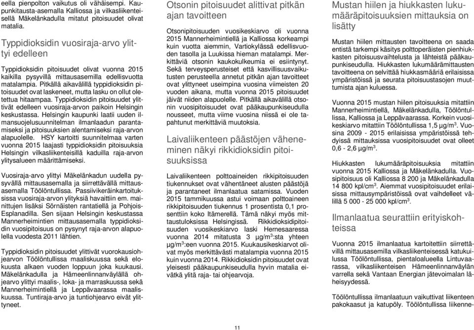 Pitkällä aikavälillä typpidioksidin pitoisuudet ovat laskeneet, mutta lasku on ollut oletettua hitaampaa. Typpidioksidin pitoisuudet ylittivät edelleen vuosiraja-arvon paikoin Helsingin keskustassa.