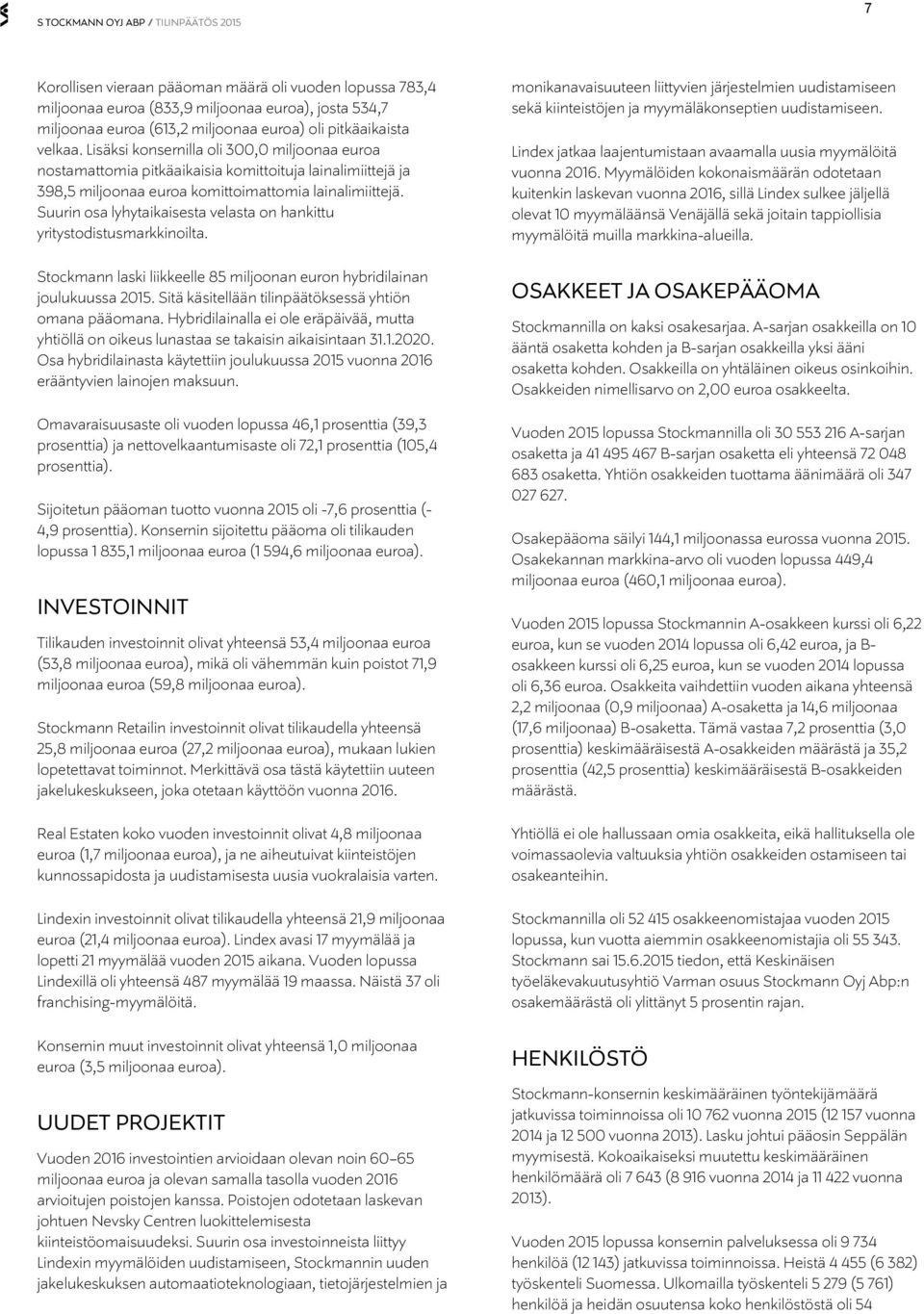 Suurin osa lyhytaikaisesta velasta on hankittu yritystodistusmarkkinoilta. Stockmann laski liikkeelle 85 miljoonan euron hybridilainan joulukuussa 2015.