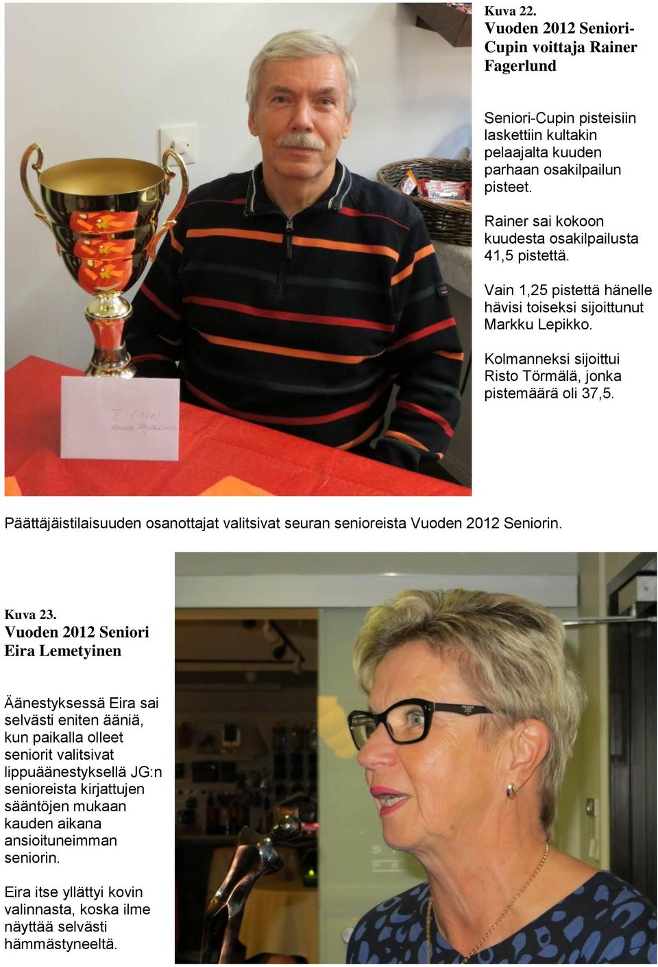 Kolmanneksi sijoittui Risto Törmälä, jonka pistemäärä oli 37,5. Päättäjäistilaisuuden osanottajat valitsivat seuran senioreista Vuoden 2012 Seniorin. Kuva 23.