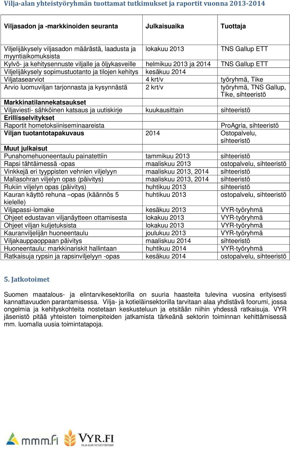 Viljatasearviot 4 krt/v työryhmä, Tike Arvio luomuviljan tarjonnasta ja kysynnästä 2 krt/v työryhmä, TNS Gallup, Tike, sihteeristö Markkinatilannekatsaukset Viljaviesti- sähköinen katsaus ja