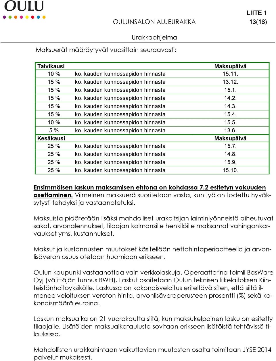kauden kunnossapidon hinnasta 15.5. 5 % ko. kauden kunnossapidon hinnasta 13.6. Kesäkausi Maksupäivä 25 % ko. kauden kunnossapidon hinnasta 15.7. 25 % ko. kauden kunnossapidon hinnasta 14.8. 25 % ko. kauden kunnossapidon hinnasta 15.9.