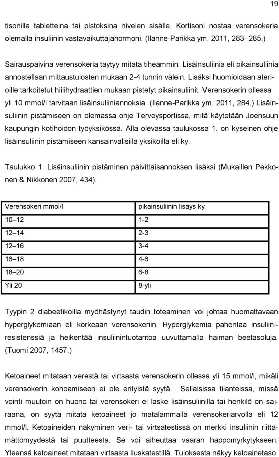 Lisäksi huomioidaan aterioille tarkoitetut hiilihydraattien mukaan pistetyt pikainsuliinit. Verensokerin ollessa yli 10 mmol/l tarvitaan lisäinsuliiniannoksia. (Ilanne-Parikka ym. 2011, 284.