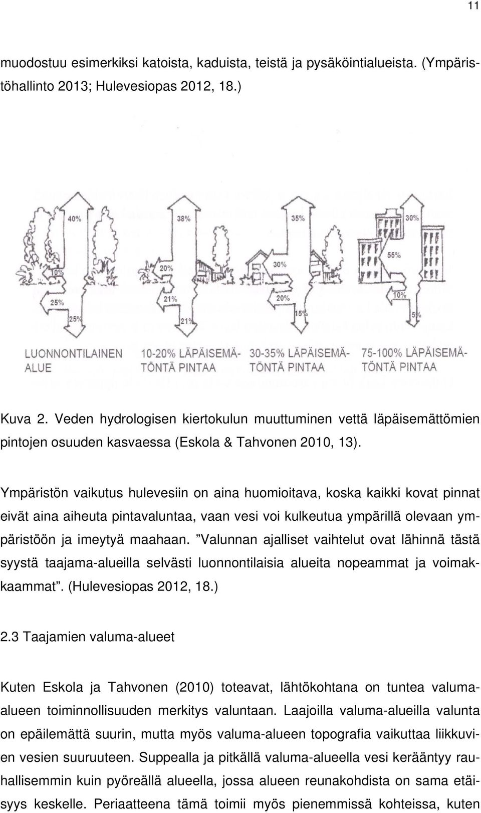 Ympäristön vaikutus hulevesiin on aina huomioitava, koska kaikki kovat pinnat eivät aina aiheuta pintavaluntaa, vaan vesi voi kulkeutua ympärillä olevaan ympäristöön ja imeytyä maahaan.