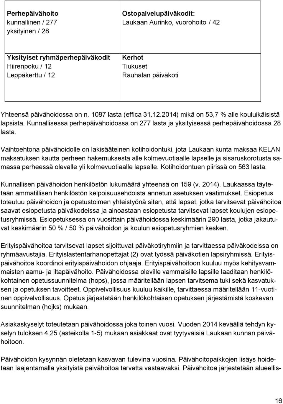 Kunnallisessa perhepäivähoidossa on 277 lasta ja yksityisessä perhepäivähoidossa 28 lasta.