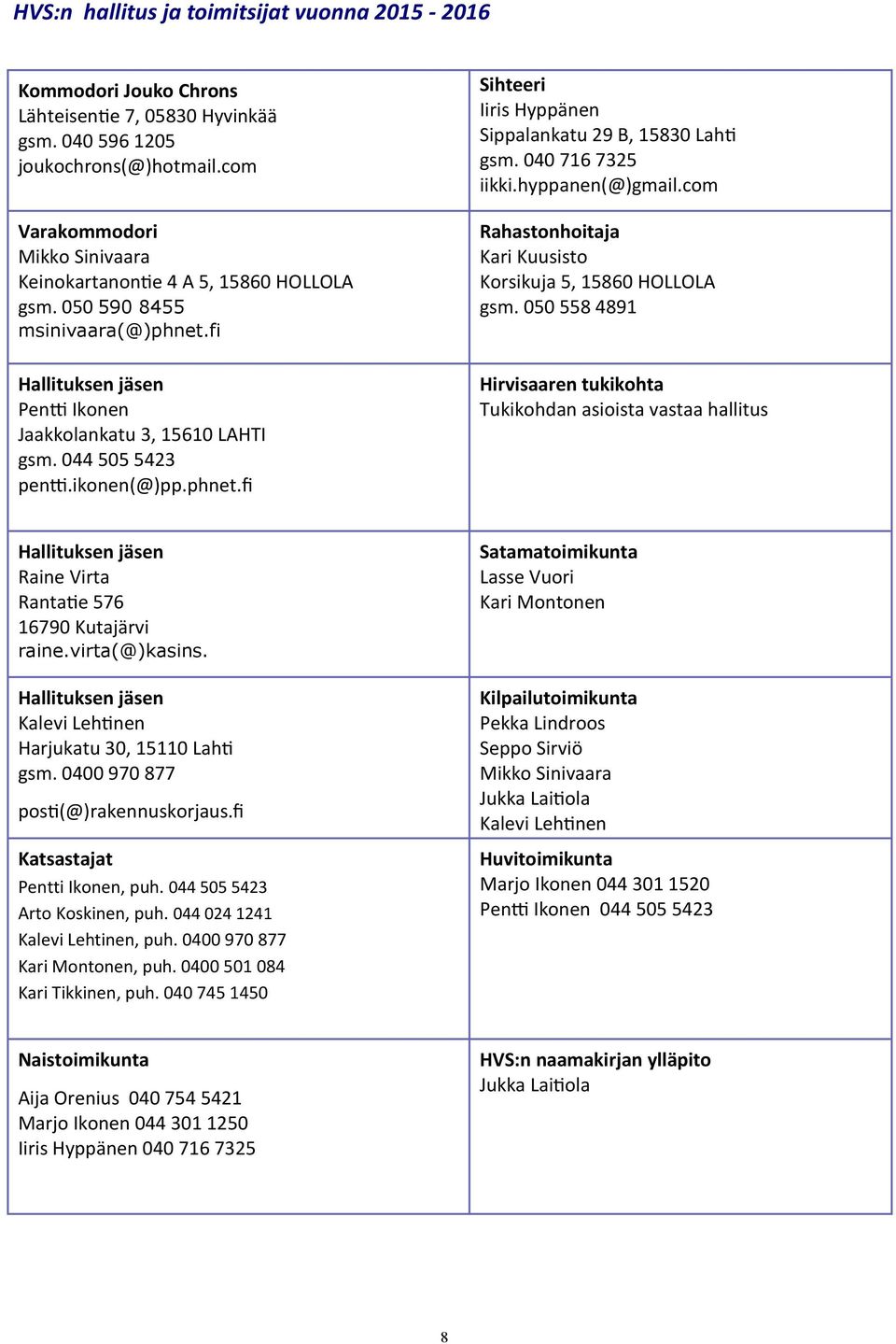 ikonen(@)pp.phnet.fi Sihteeri Iiris Hyppänen Sippalankatu 29 B, 15830 Lahti gsm. 040 716 7325 iikki.hyppanen(@)gmail.com Rahastonhoitaja Kari Kuusisto Korsikuja 5, 15860 HOLLOLA gsm.