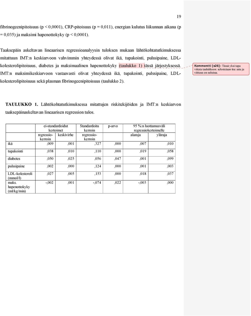 LDLkolesterolipitoisuus, diabetes ja maksimaalinen hapenottokyky (taulukko 1) tässä järjestyksessä.