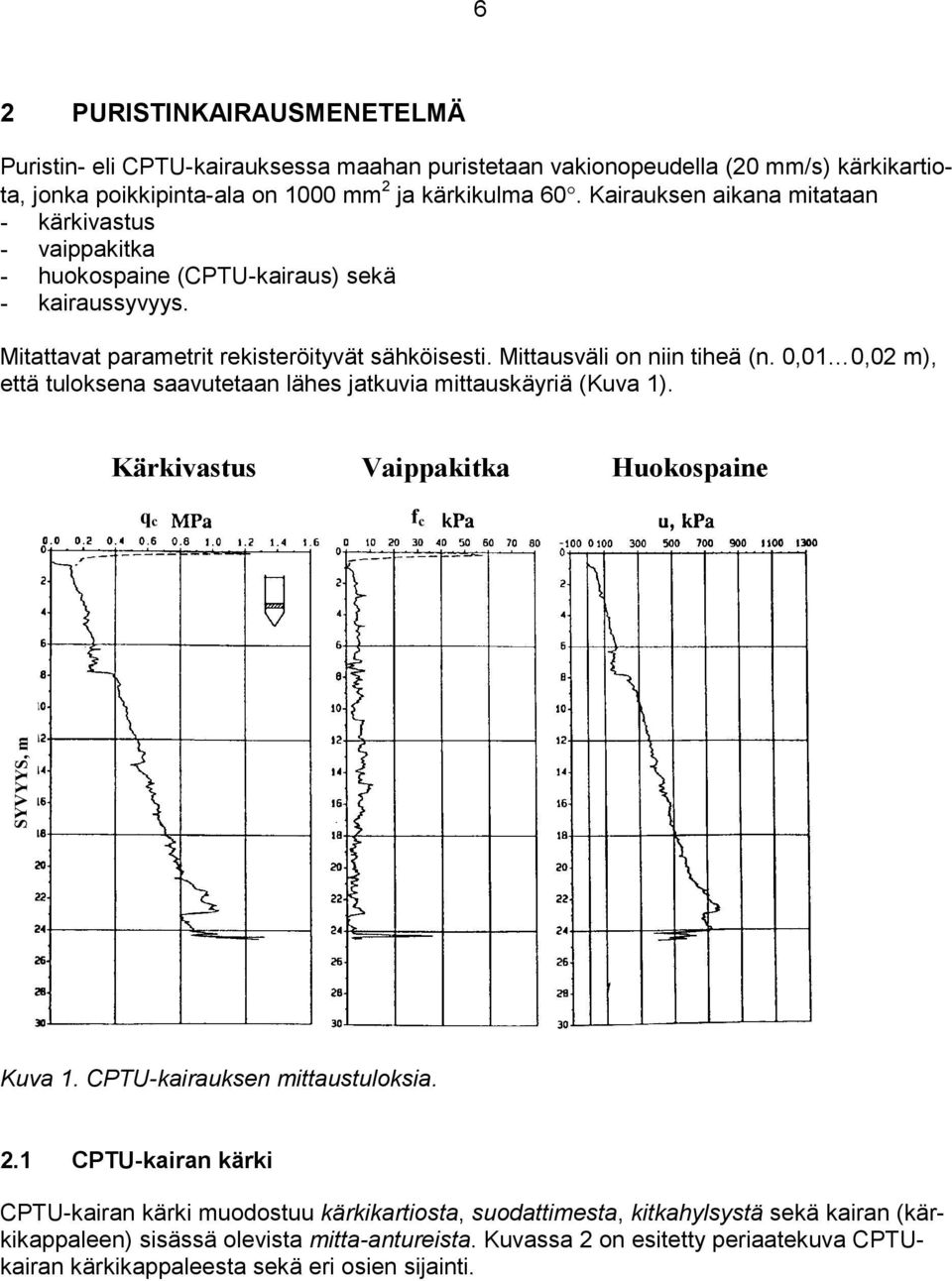 0,01 0,02 m), että tuloksena saavutetaan lähes jatkuvia mittauskäyriä (Kuva 1). Kärkivastus Vaippakitka Huokospaine q c f c SYVYYS, m Kuva 1. CPTU-kairauksen mittaustuloksia. 2.