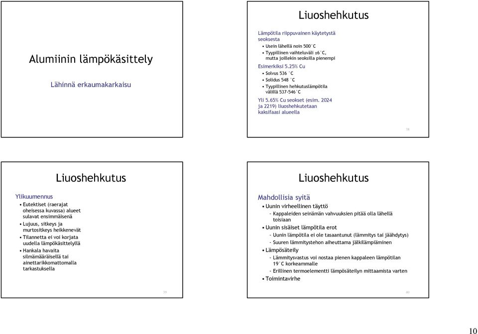 2024 ja 2219) liuoshehkutetaan kaksifaasi alueella 38 Ylikuumennus Eutektiset (raerajat oheisessa kuvassa) alueet sulavat ensimmäisenä Lujuus, sitkeys ja murtositkeys heikkenevät Tilannetta ei voi