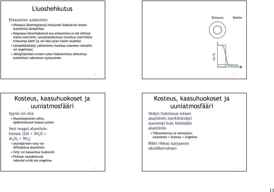 rakenteen syntyminen 41 42 Kosteus, kaasuhuokoset ja uuniatmosfääri Syynä voi olla Huonolaatuinen aihio, epäonnistunut kaasun poisto Vesi reagoi alumiinin kanssa (2Al + 3H 2 O = Al 2 O 3 + 3H 2 )